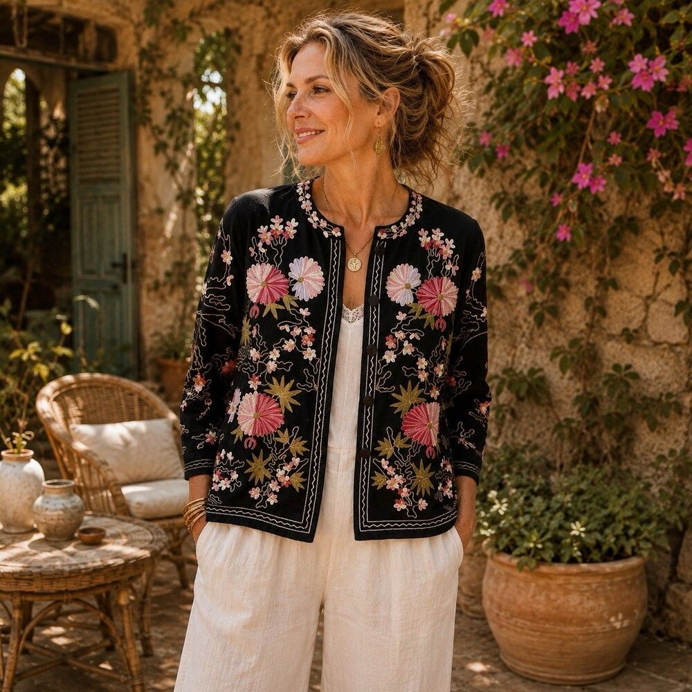 Bedford Fair  Womens Linen Blend Blazer Sz PM Black Floral Embroidered